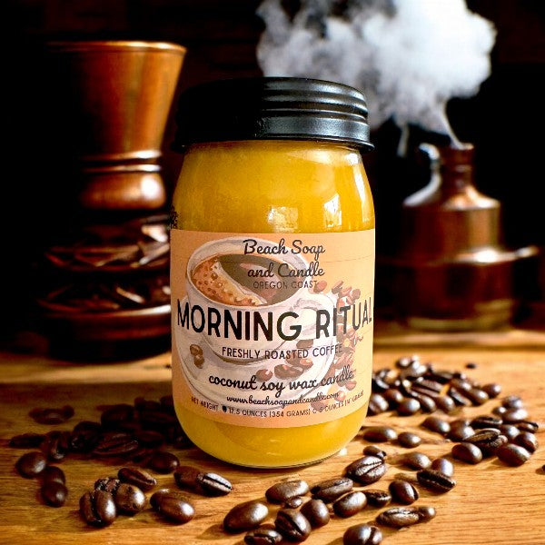 Morning Ritual Fresh Roasted Coffee, Coconut Soy Wax Mason Jar Candle